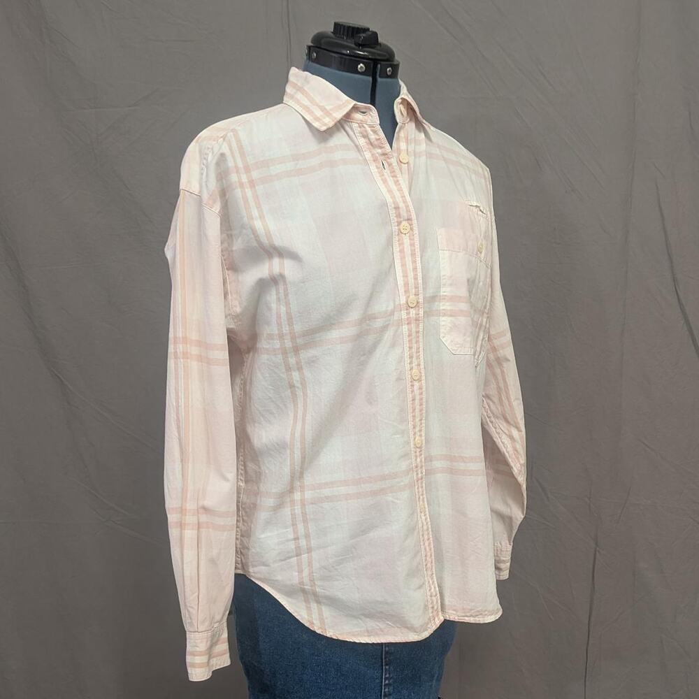 Lizsport 100% cotton pink‑and‑white plaid button‑up shirt, size M